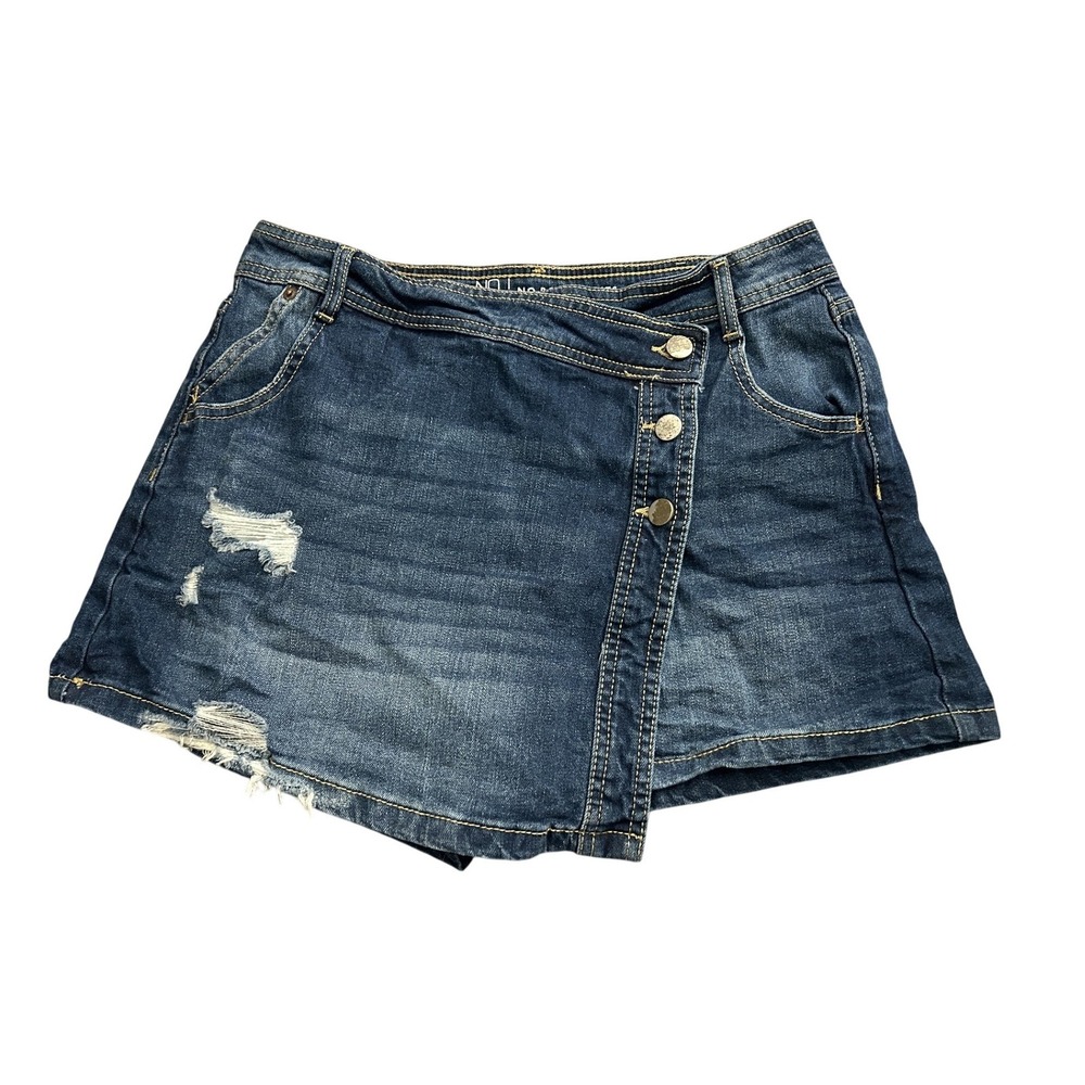 No Boundaries Denim Skort Womens‎ 11 Blue Excellent Distressed Button Wrap Skirt